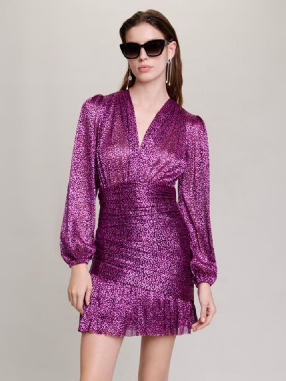 Maje Sparkling Purple V-Neck Long-Sleeve Mini Dress
